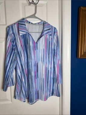 Jofit Women's Striped Vera 3/4 Sleeve Polyester Blend Athletic Polo Shirt Sz XL